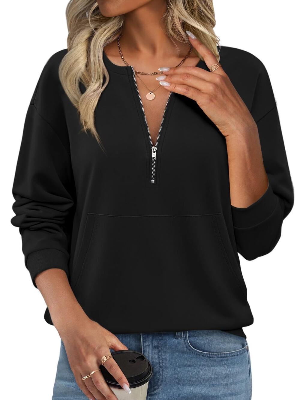 Womens Plus Size 2x Sweatshirt Pullover Medium Black Quarter Zip Pocket